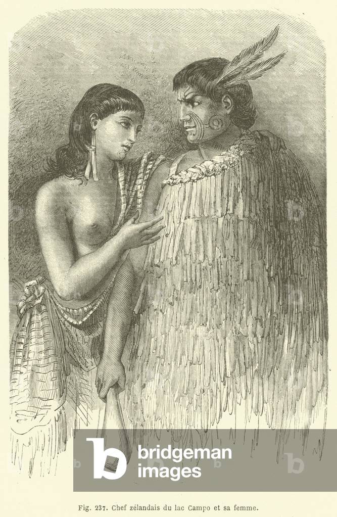 Chef zelandais du lac Campo et sa femme (engraving) by European Artist, b/w