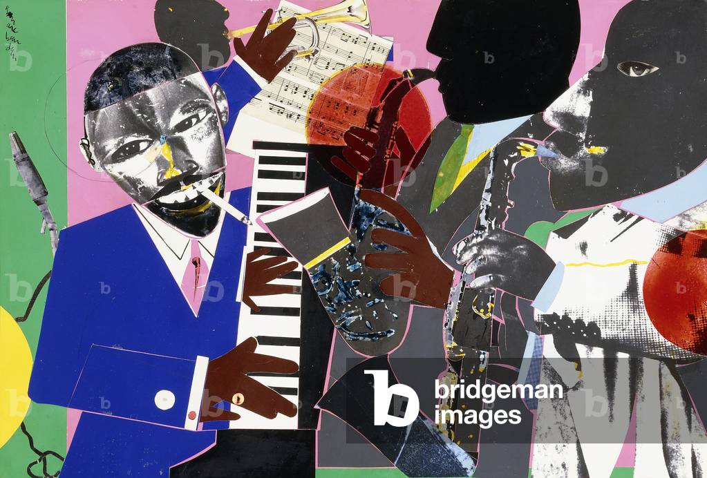 Jazz-Kansas City, 1977 (Pinsel und farbige Tinten auf Schwarz-Weiß-Foto und Papier)