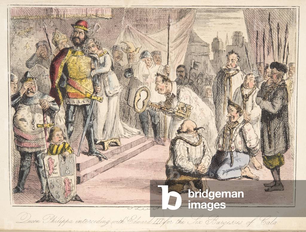Regina Filippa intercede con Edoardo III, per le Sei Burgesse di Calais, da The Comic History of England, pub.