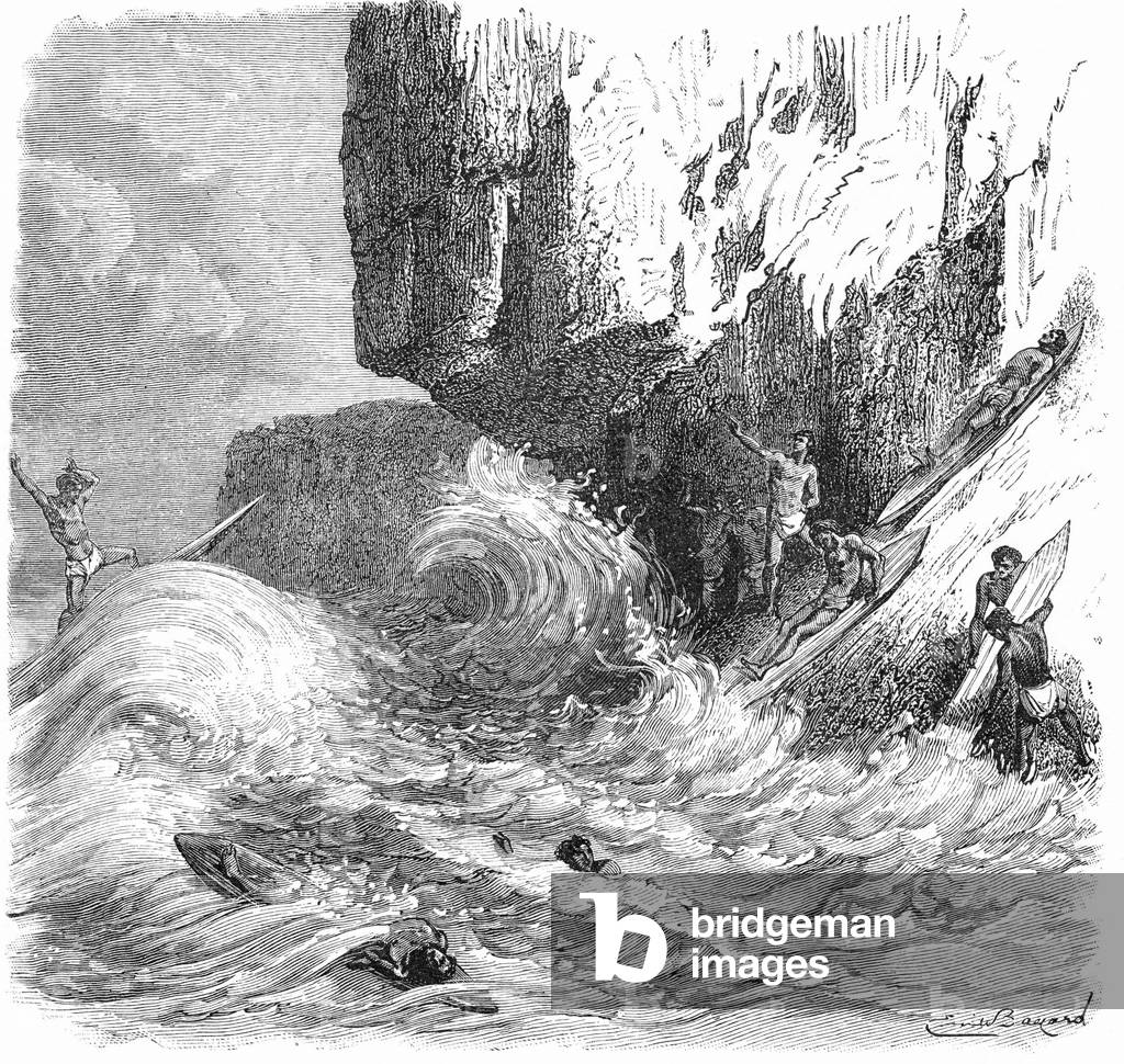 Hawaiian men surfing using wooden boards. Wood engraving published Paris c1895., b/w