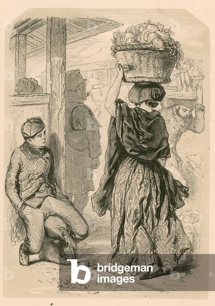 "Frau mit einem Korb in Covent Garden Market" von English School, b/w