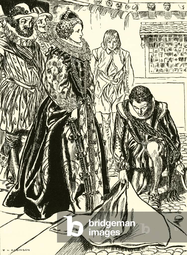 Raleigh spreads his cloak before Elizabeth (engraving)