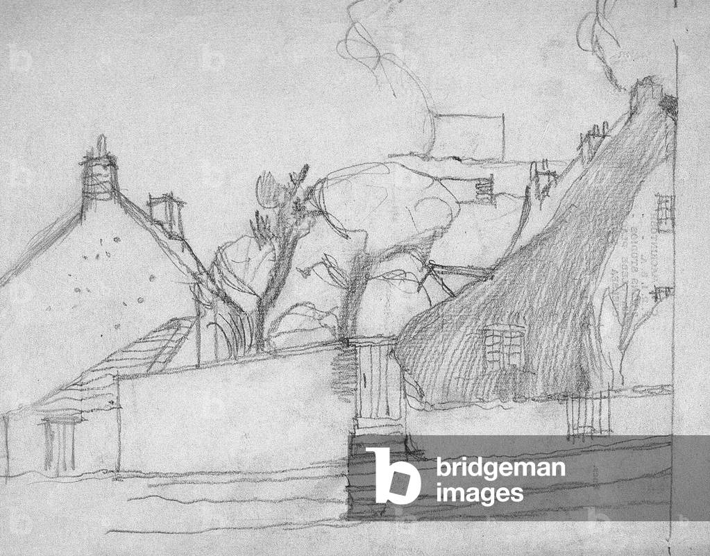 Image of Drawing depicting Sketch of English Village with Thatched Roof in Foreground 1893 by Charles Rennie M