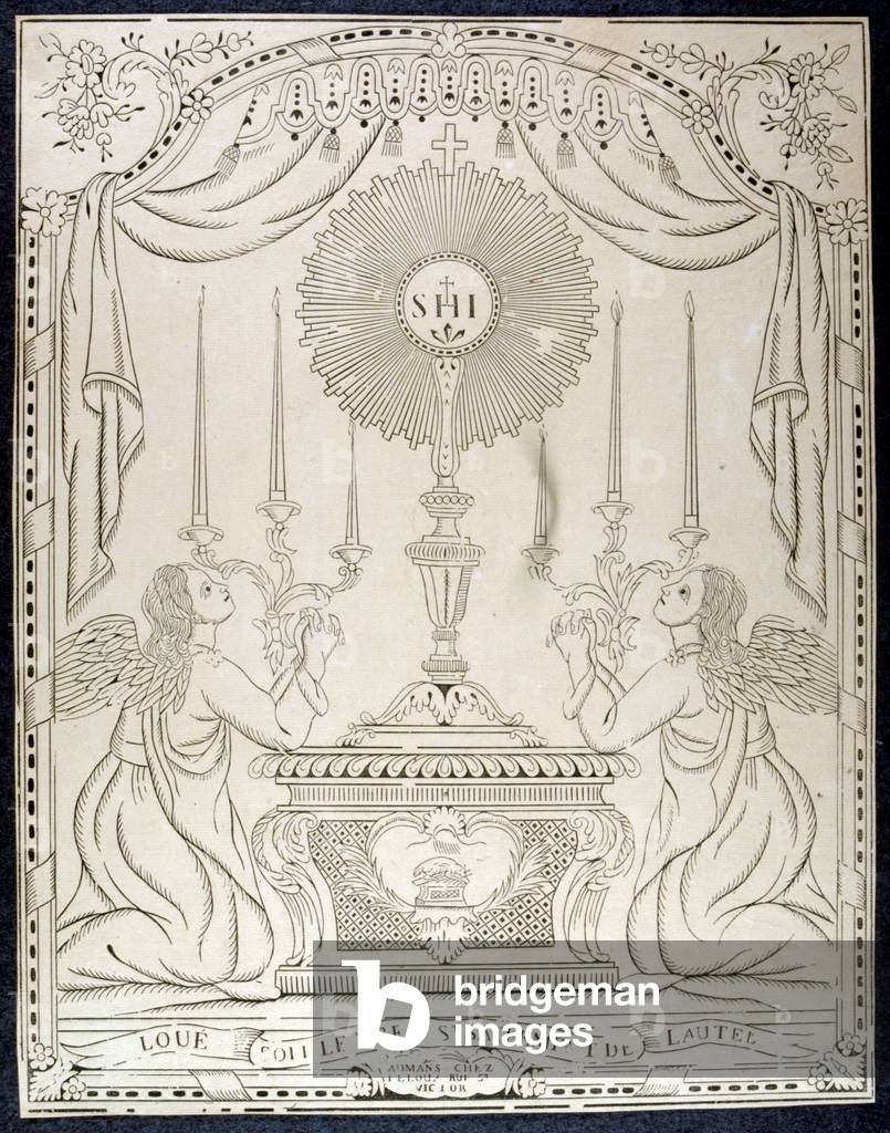 French 19th century woodcut illustration showing the Holy Sacrament at the high altar of a church