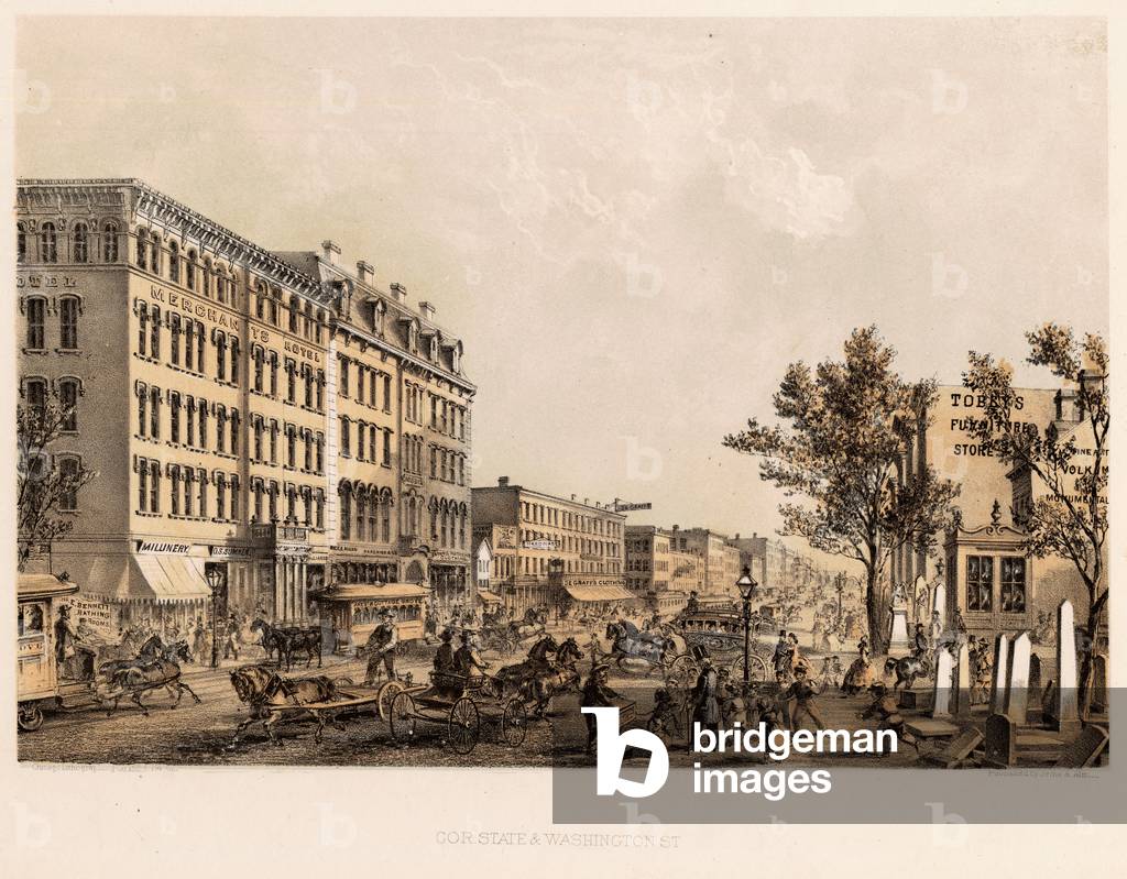 Image of The corner of State and Washington Streets, Chicago, c.1867