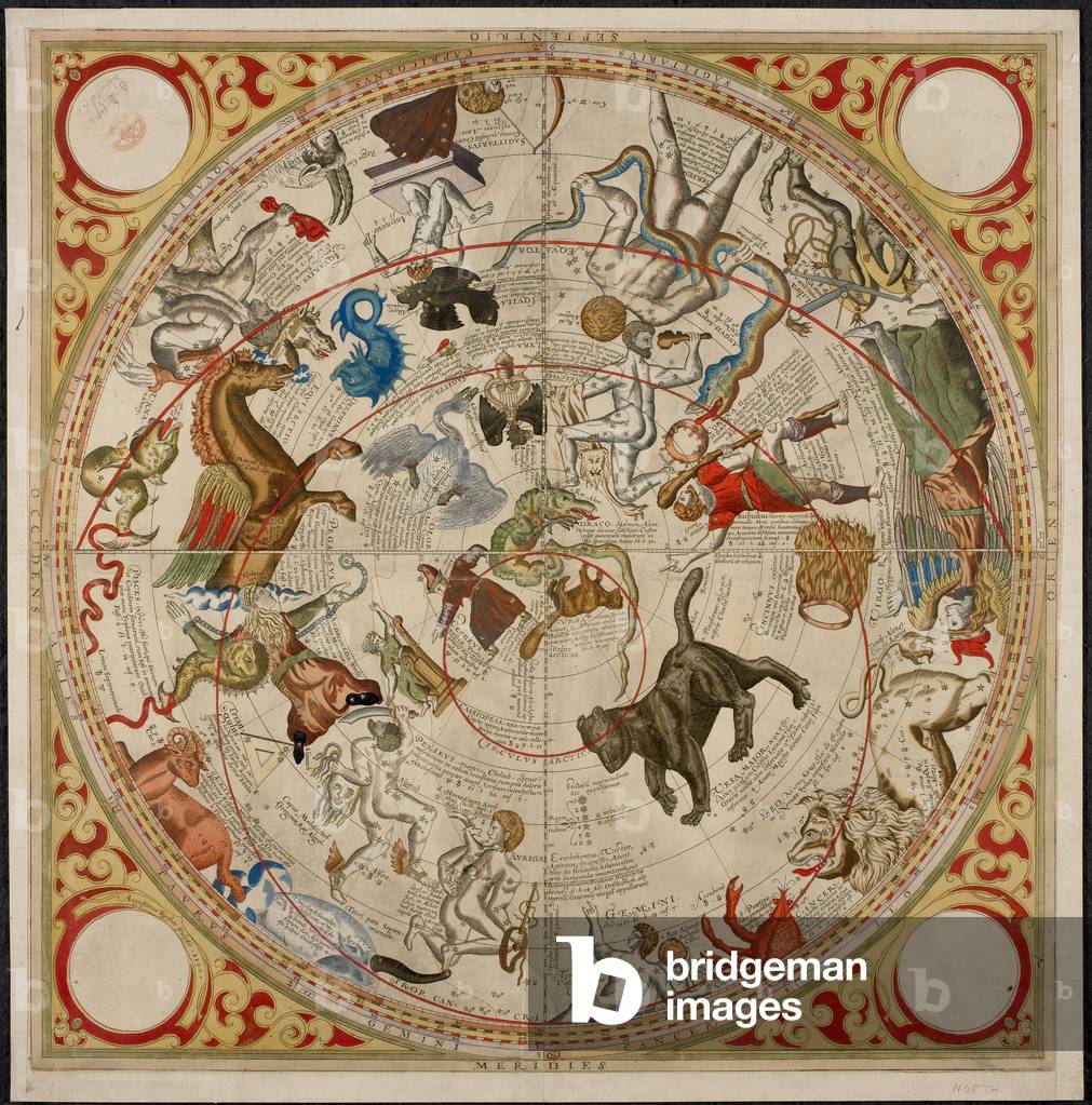 Un'immagine dipinta degli emisferi celesti settentrionali e meridionali. Costellazioni e corpi celesti.