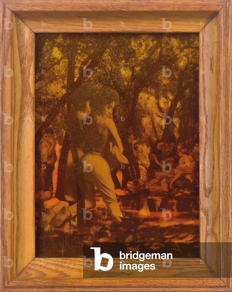 The Sister Shades #2, 1956 (paper and printed paper collage with amber glass, framed)