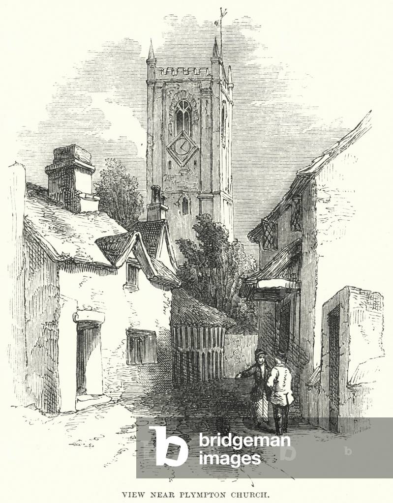 "Visualizza vicino a Plympton Church (incisione)" di English School, b/w