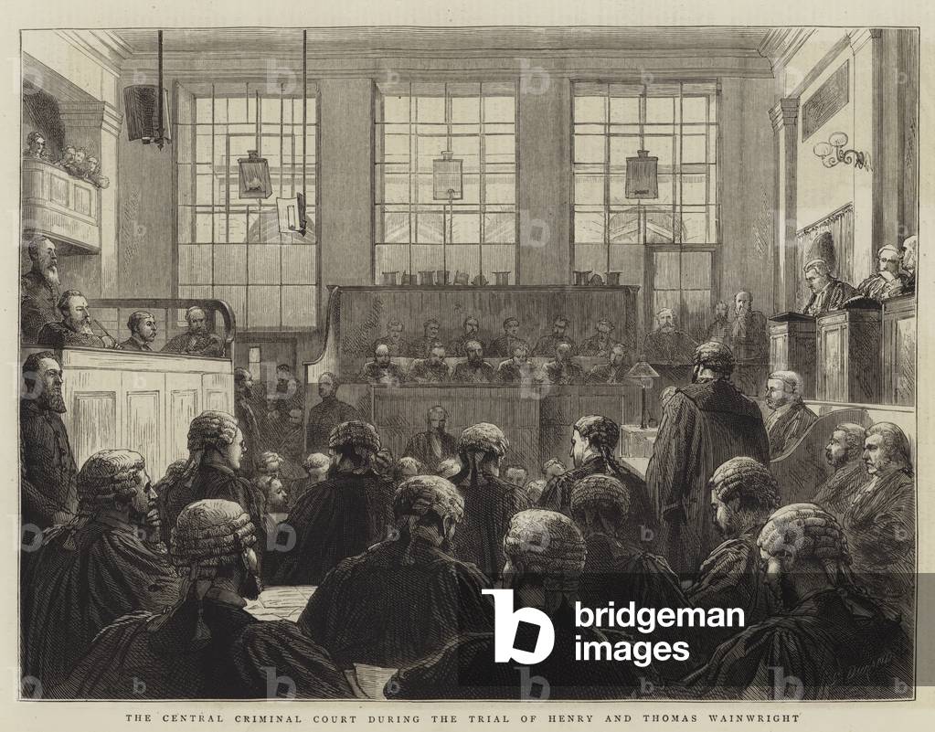 "Der zentrale Strafgerichtshof während des Prozesses gegen Henry und Thomas Wainwright (Gravur)" von Godefroy 