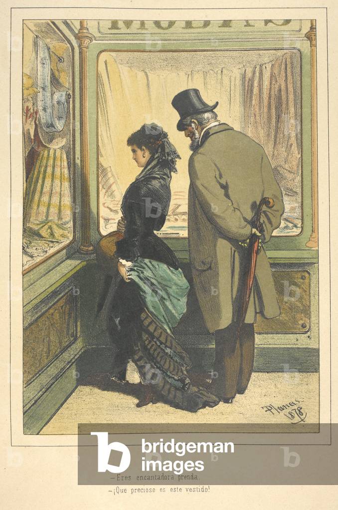 Clarita admiring a dress in a shop window. A man stands behind her.