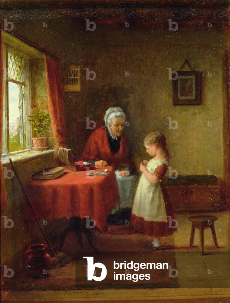Bild von Gemälde "Die erste Nähstunde" 1889 von Frederick Daniel Hardy