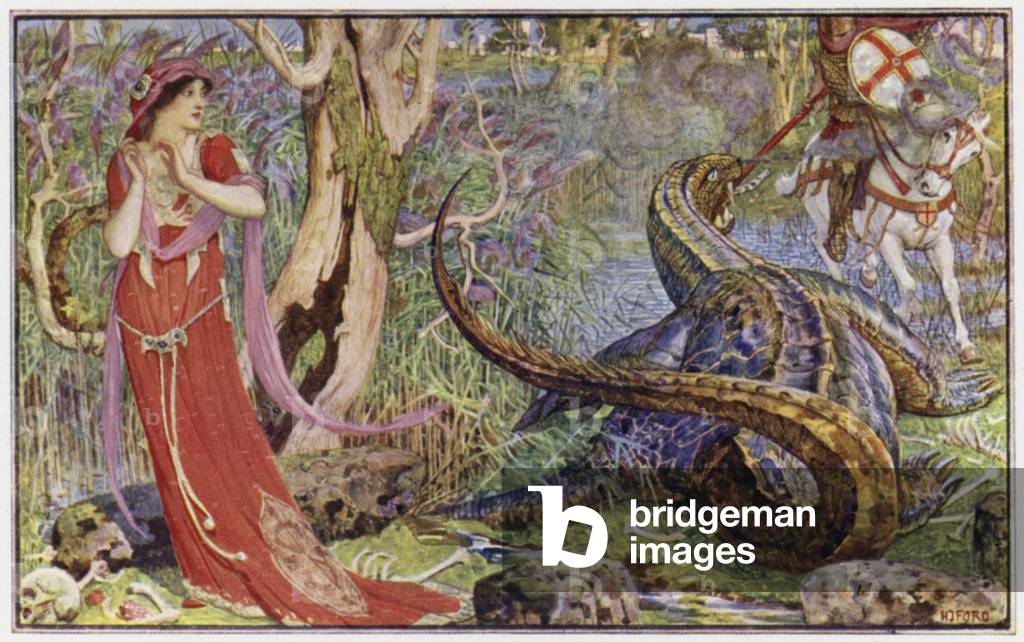 "St George rescues the Princess from the horrible Dragon" (colour litho)