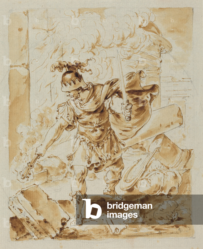 Alexander Setting Fire to Persepolis (Feder und braune Tinte mit brauner Lavierung über Graphit auf Bütten)