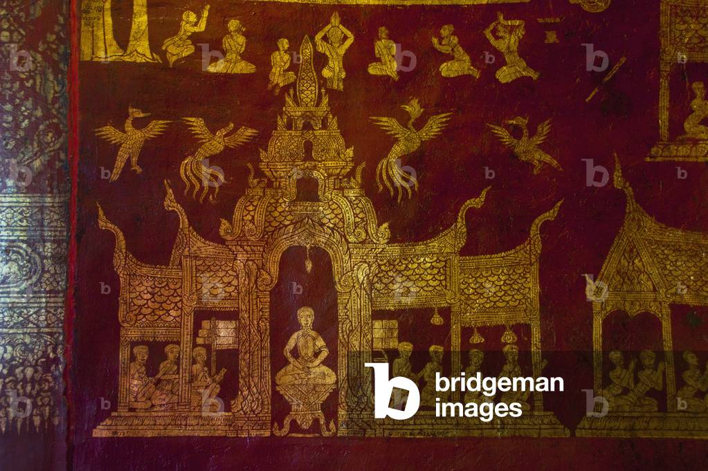 Immagine di Fotografia "Tailandia: Tempio di lacca murale all'interno del viharn di legno"