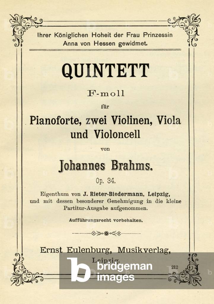 Immagine di Stampa "Johannes Brahms - pagina del titolo dello spartito del Quintetto per pianoforte in fa mino