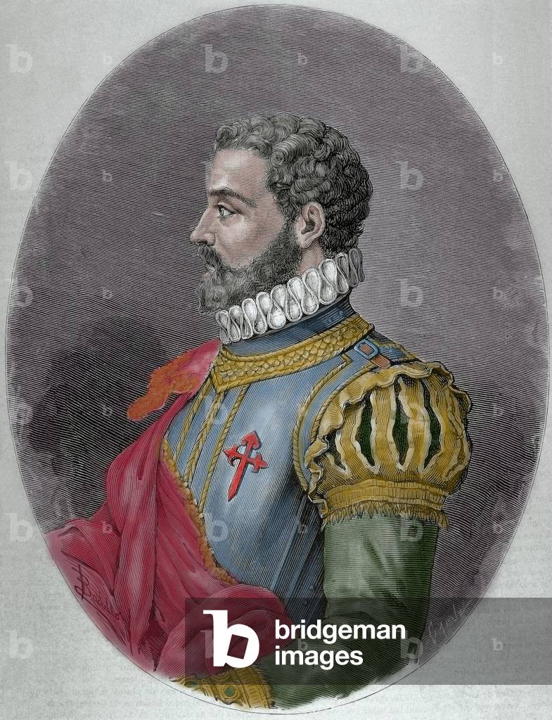 Alonso de Ercilla (1533-1594). Nobilmansoldato spagnolo e poeta epico. Ritratto. Incisione di Capuz. XIX secol