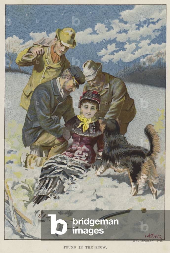 Cane che aiuta a trovare una donna persa nella neve (chromolitho)
