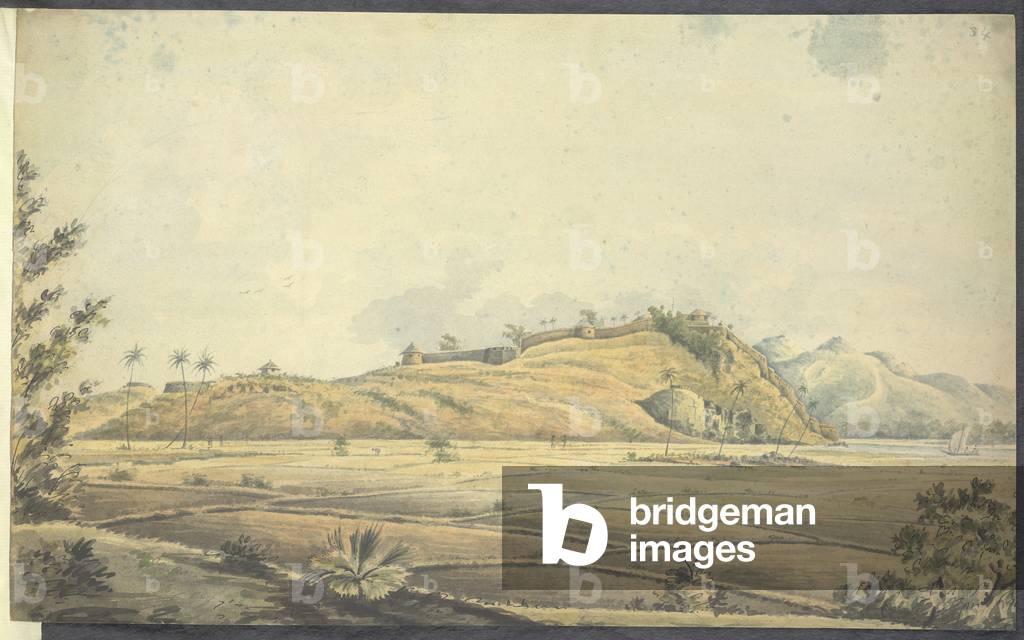 A hill fort with paddy fields in the foreground