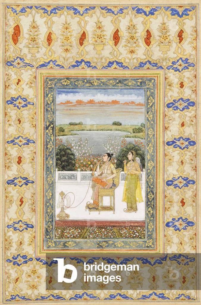 Pagina dell'album: Gulbadan Begum smoking on a terrace, Delhi, c.1800 (pigmenti opachi & oro su carta)