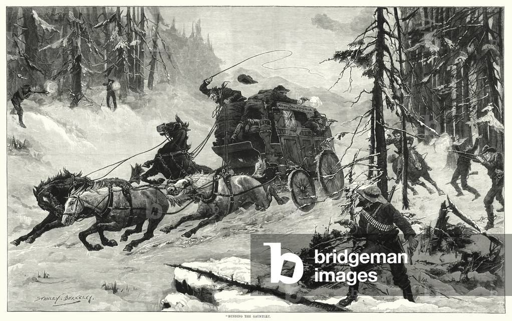 Stagecoach under attack by outlaws (engraving) by d.1909) Berkeley