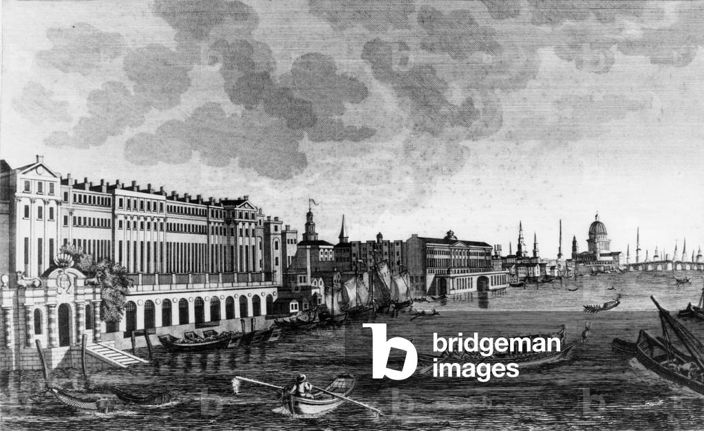 View of London on Thames : Adelfi palace, Sommerset house, Saint Paul chruch and black friars bridge, engravin