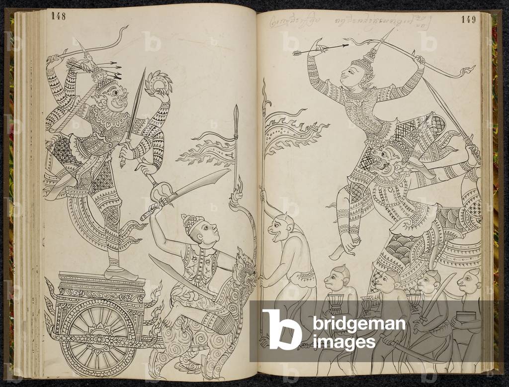 Battaglia tra Ravana e Rama che viene trasportato da Hanuman, il re delle scimmie, 1880 (disegno)