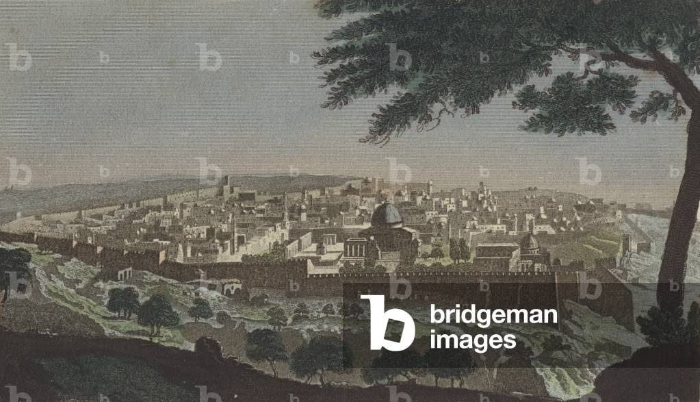 Jerusalem aus dem Tal Josophat (farbige Gravur)