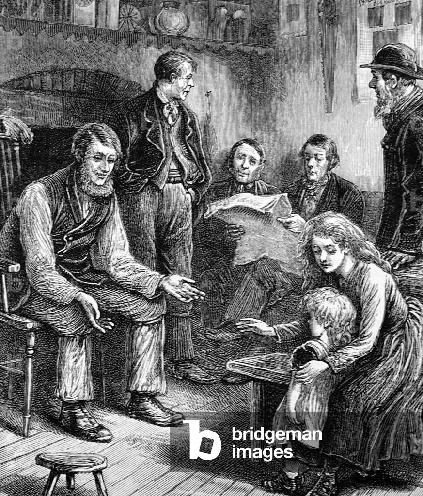 Incisione raffigurante un predicatore che racconta una storia biblica a una ragazza di una locanda, 1860 (inci
