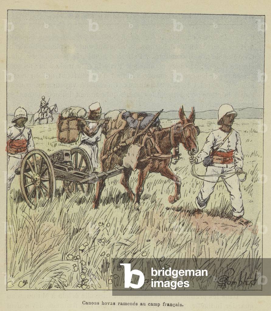 Canons hovas ramenes au camp francais (colour litho) by Louis Charles Bombled