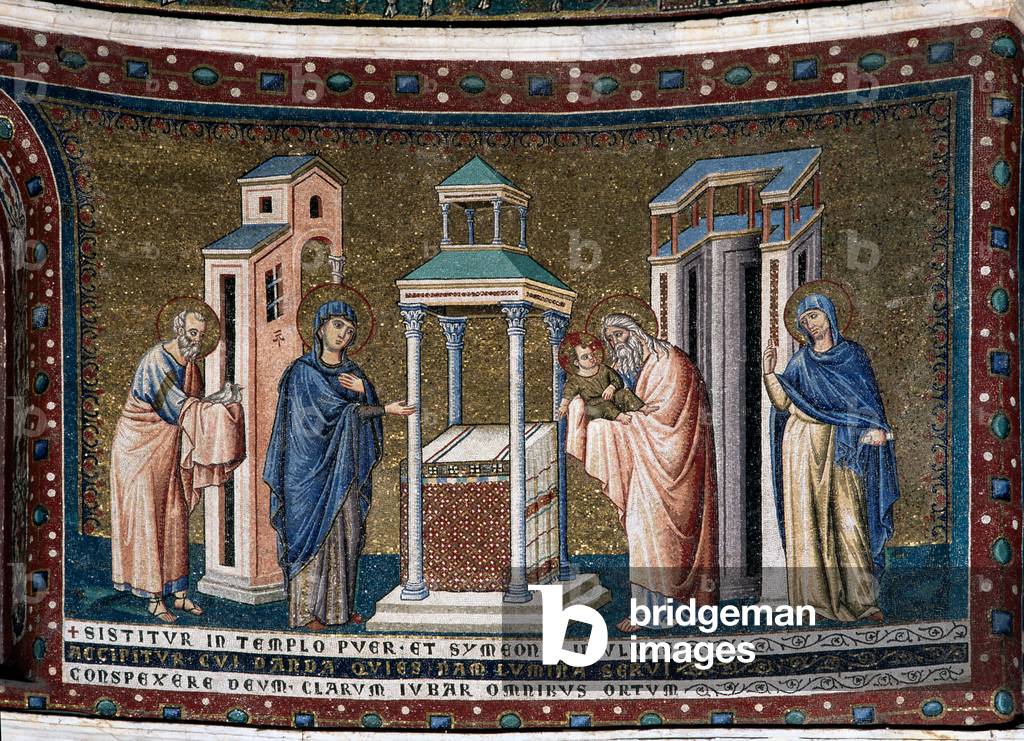 Mittelalterliche Kunst: Mosaik - Präsentation im Tempel - Santa Maria in Trastevere, Rom, Italien 13. Jahrhund