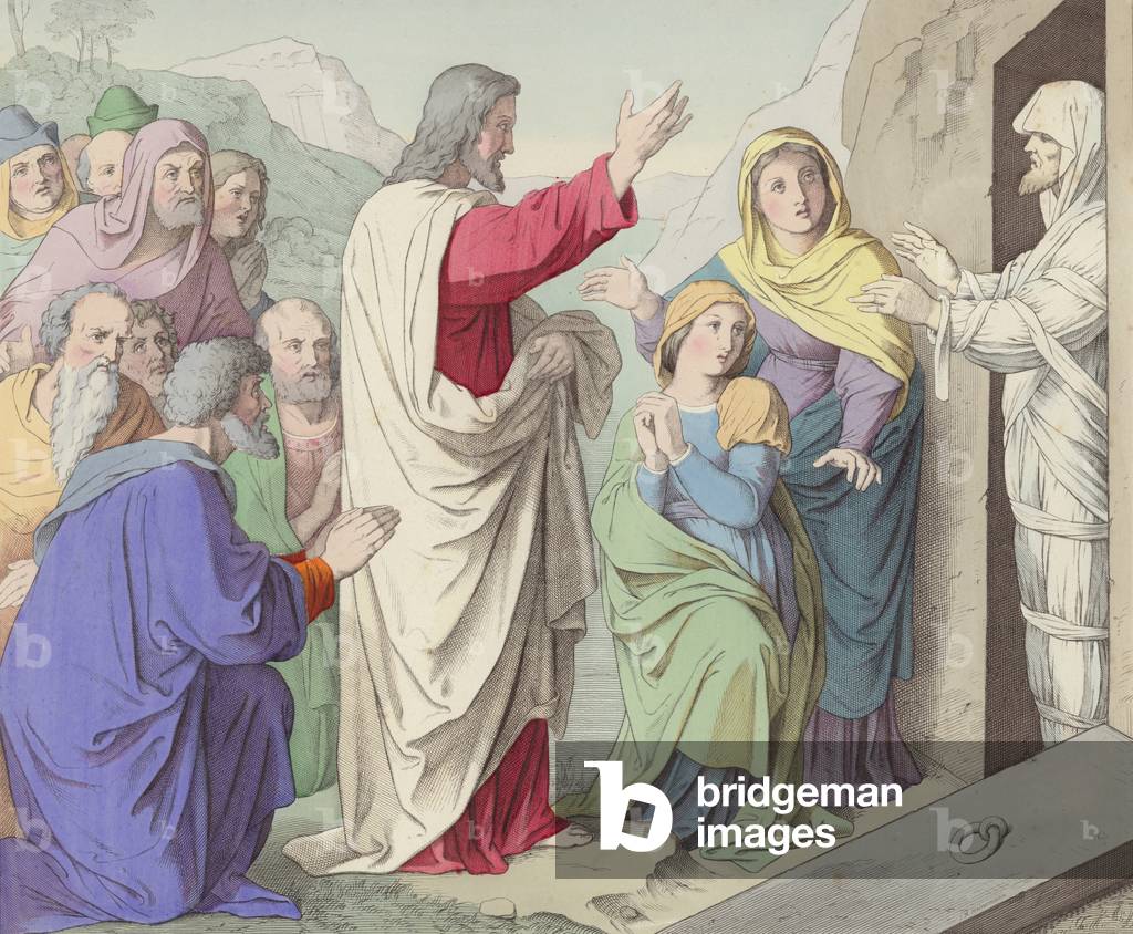 Lazarus wieder zum Leben erweckt (farbige Gravur)