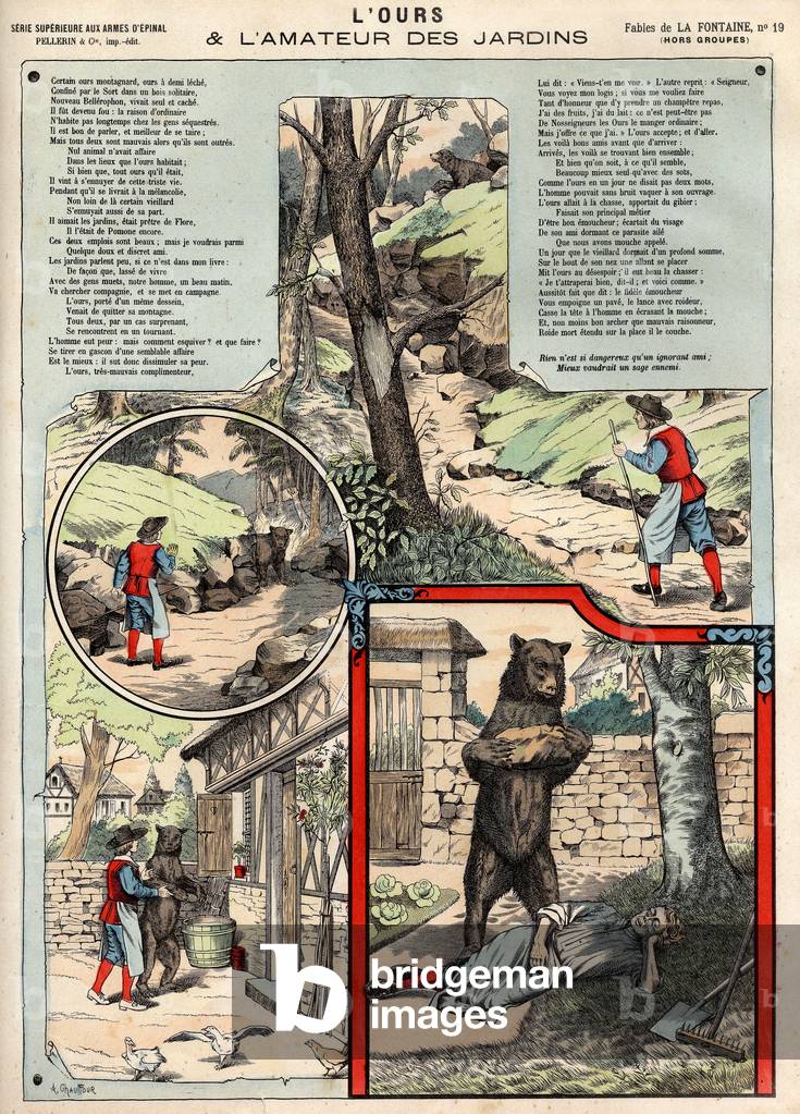 Illustration des fables de La Fontaine L'ours et l'amateur de jardinage, gravure, vers 1890