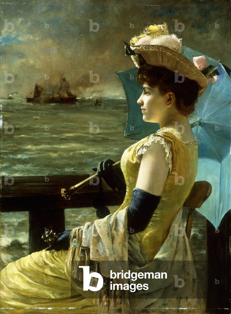 Immagine di Dipinto "una signora con un ombrellone guardando fuori per mare" di Alfred Emile Stevens