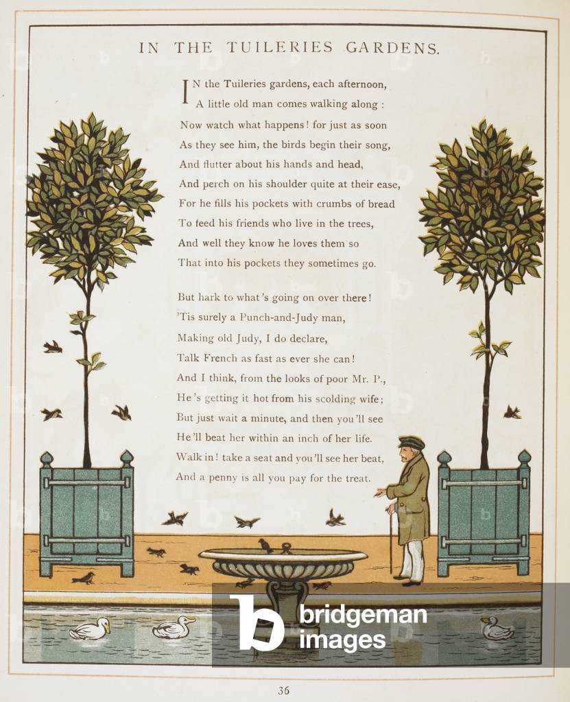 Nei giardini delle Tuileries. Un vecchio che da' da mangiare agli uccelli. Illustrazione a colori da «Abroad».