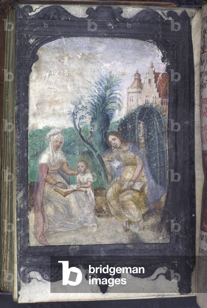 Anna e la Vergine insegnano a Gesù a leggere. Illustrazione di un libro di preghiere