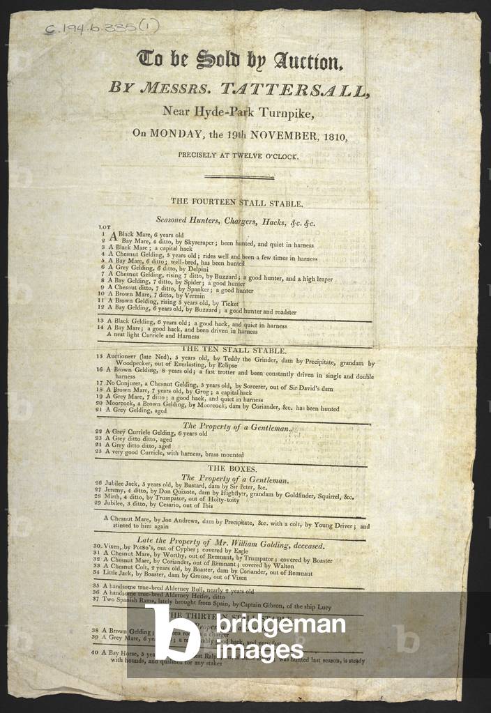 "L'asta di Tattersall per lunedì 19 novembre 1810", b/w