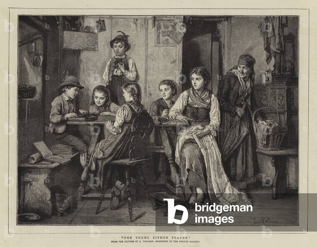 The Young Zither Player (engraving) by English Artist, b/w