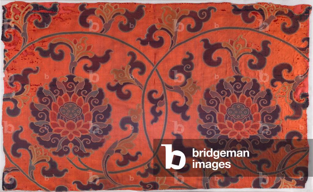 Fragment of Textile with Design of Scrolling Lotus Flowers, Stems and