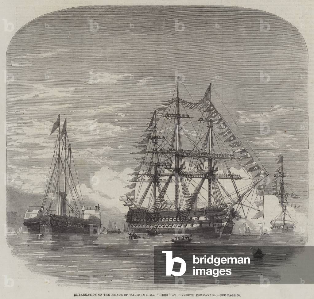 Embarkation of the Prince of Wales in HMS "Hero" at Plymouth for Canada (engraving) by English Artist, b/w