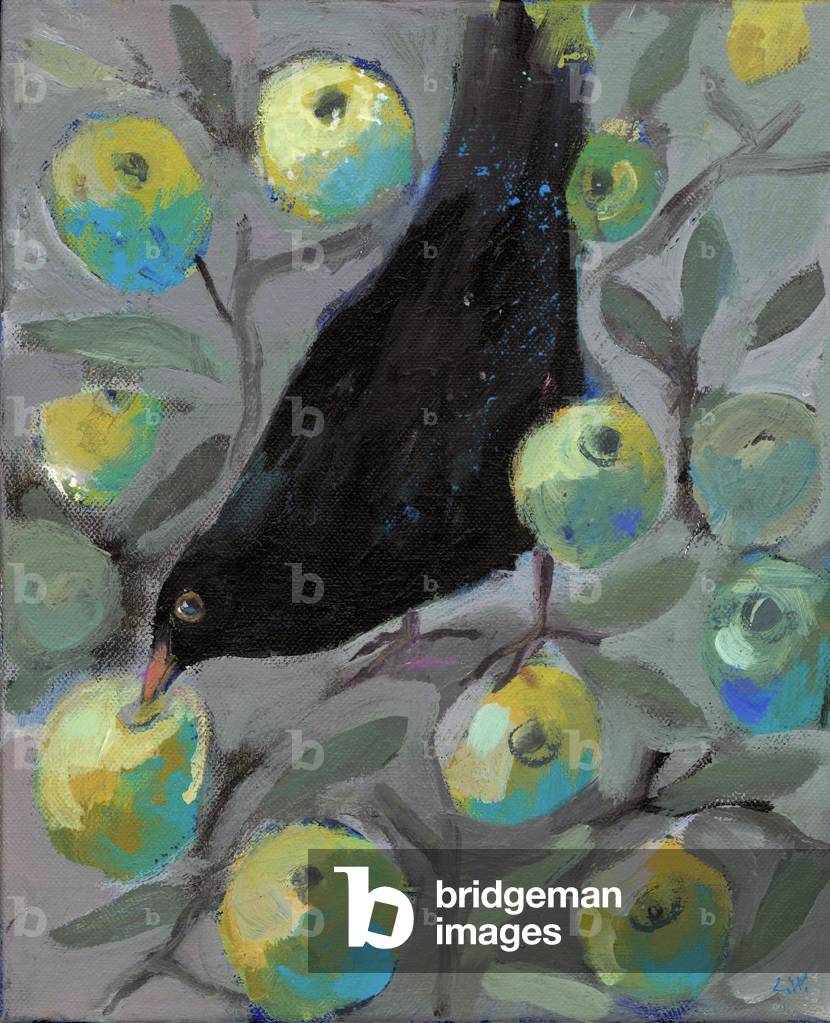 Amsel in einem Apfelbaum (Acryl auf Leinwand)