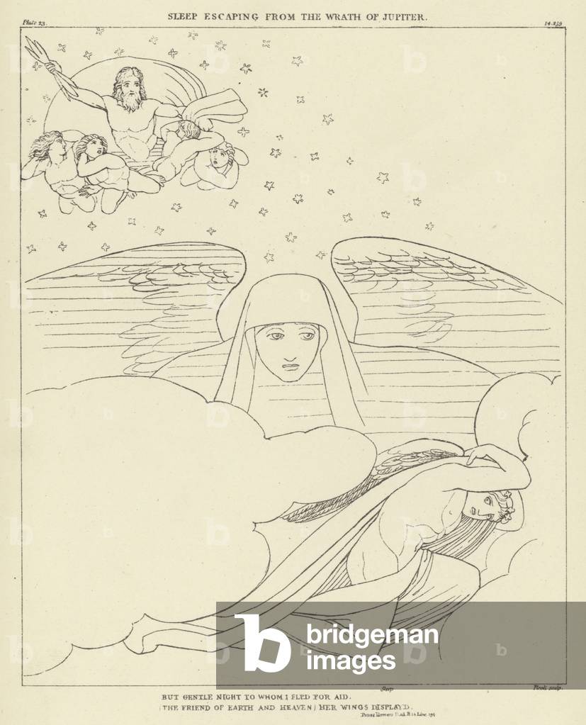 "Schlaf Flucht aus dem Zorn von Jupiter (Gravur)" von John Flaxman, b/w