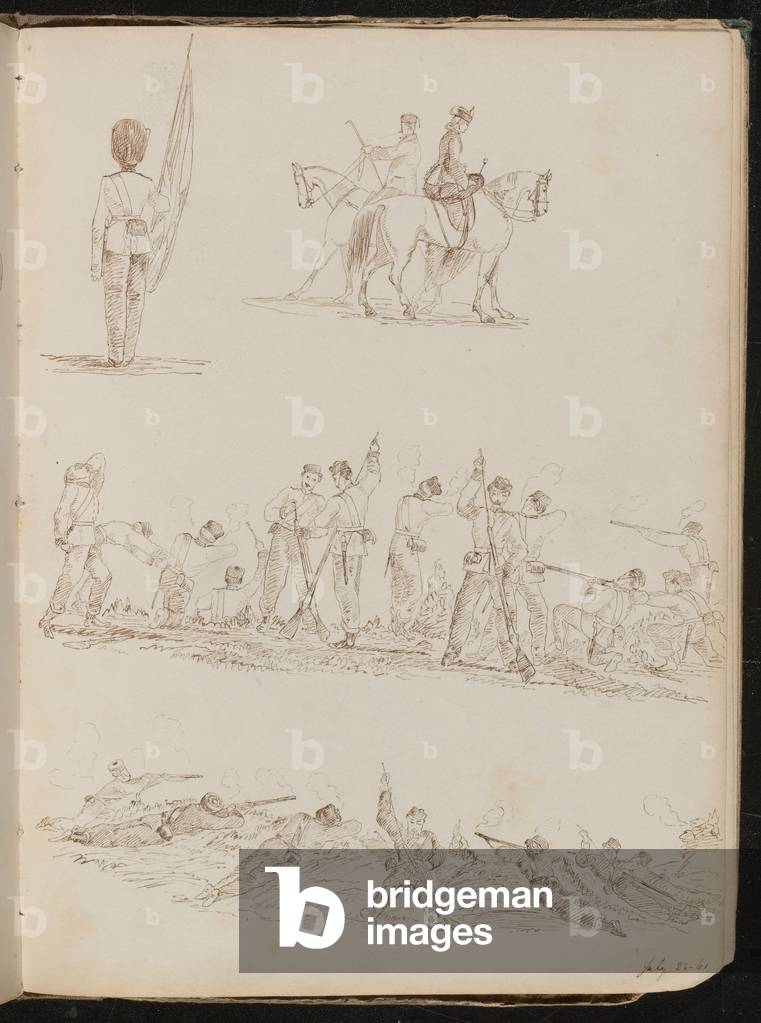 Quattro studi di soldati, donne a cavallo e battaglie (penna e inchiostro)