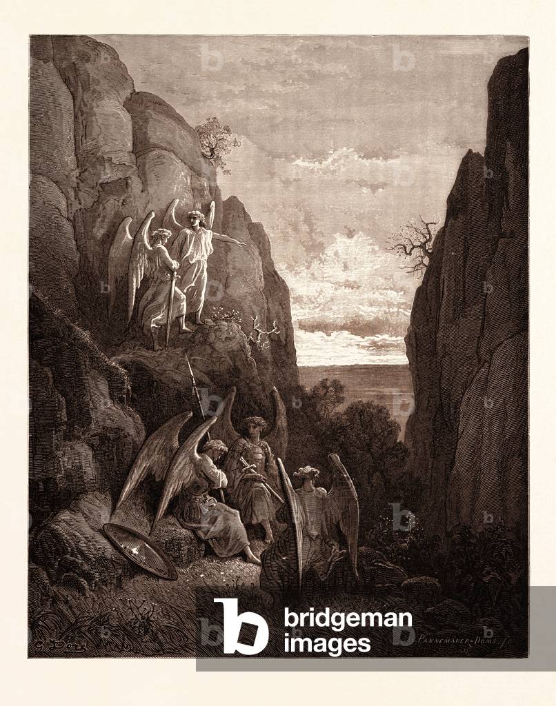 L'accusa di Ariel a Gabriel, di Gustave Doré, 1832-1883, francese. Incisione per la Bibbia. 1870, Arte, Artist