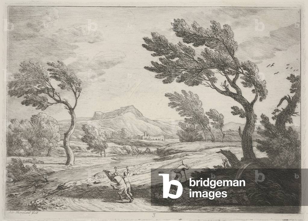 Paesaggio con viaggiatori in un forte vento, 1753 circa (incisione)