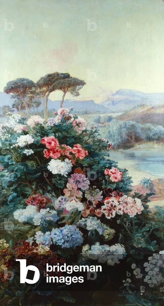 Immagine di Dipinto "Camelie e altri fiori in un paesaggio (olio su tela)" 1801 di Henry Arthur Bonnefoy