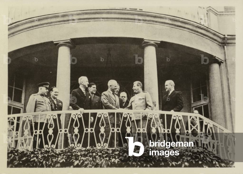 Soviet leader Joseph Stalin greeting US President Harry S Truman at a reception during the Potsdam Conference 