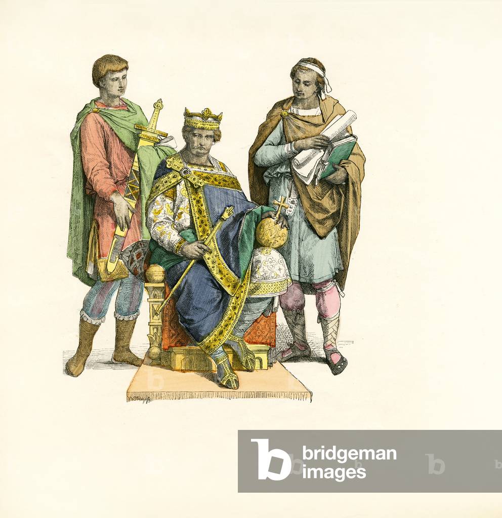 Re Carlo il Calvo, Francia occidentale, IX secolo, Illustrazione, Storia del costume, Braun & Schneider, Monac