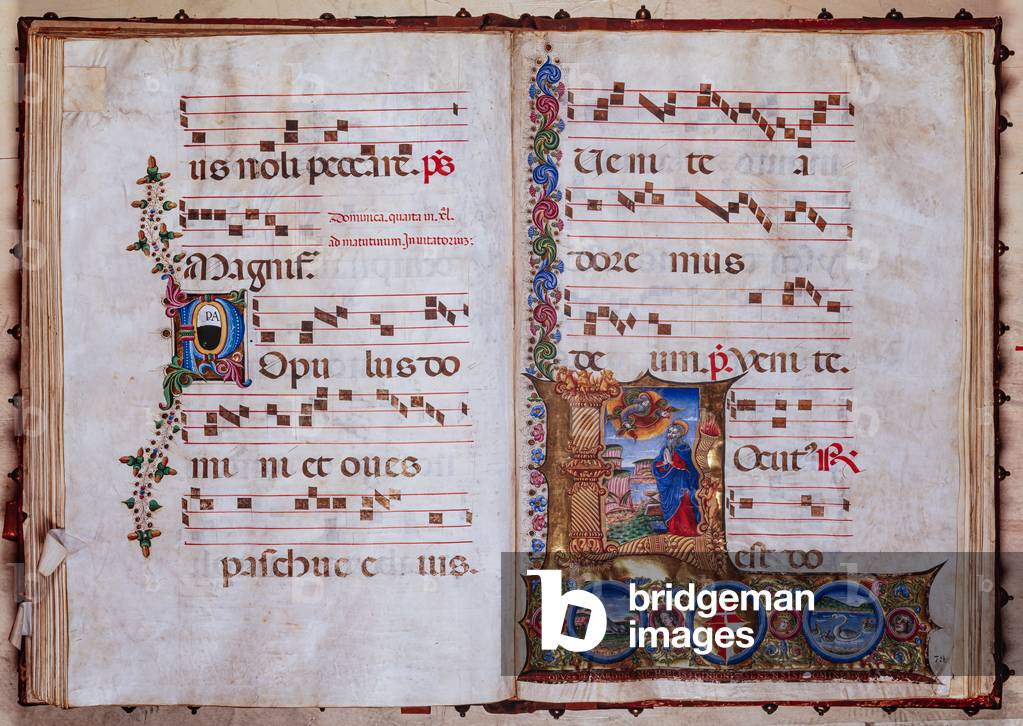 Biblioteca Piccolomini: libro del coro, cod. 6.F, ff. 78v-79r con «Dio che appare a Mosè», di Bernardino Cigno