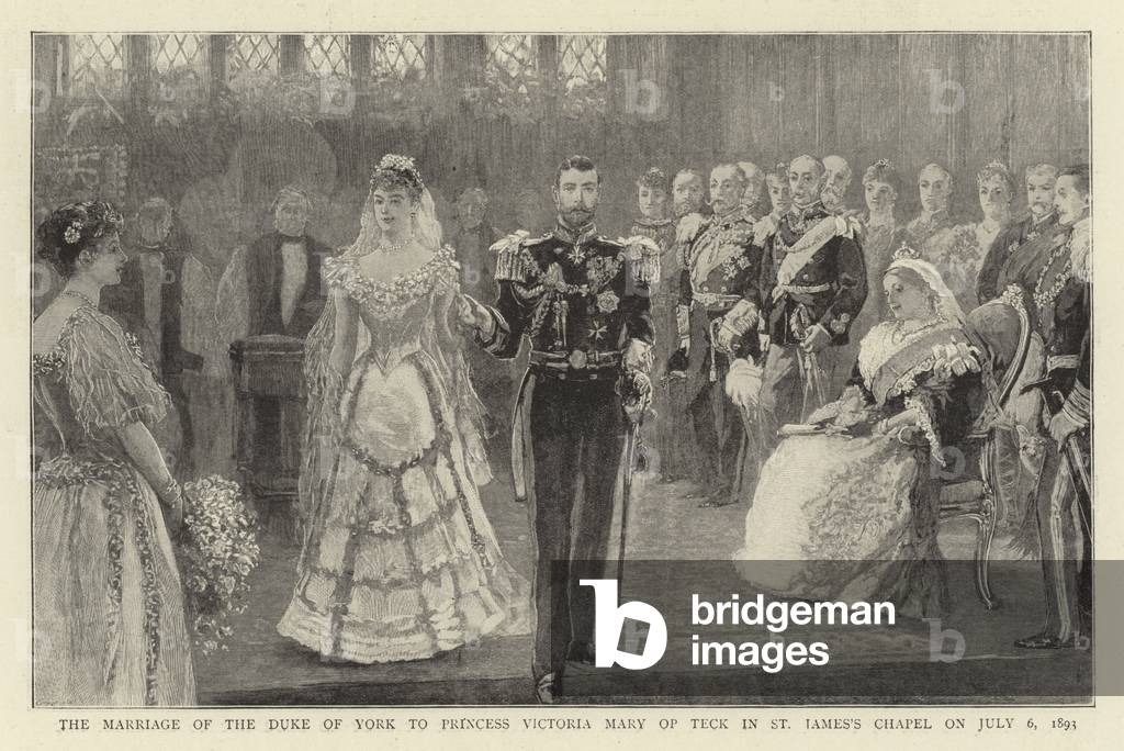 Il matrimonio del duca di York alla principessa Vittoria Maria di Teck in St James's Chapel il 6 luglio 1893 (