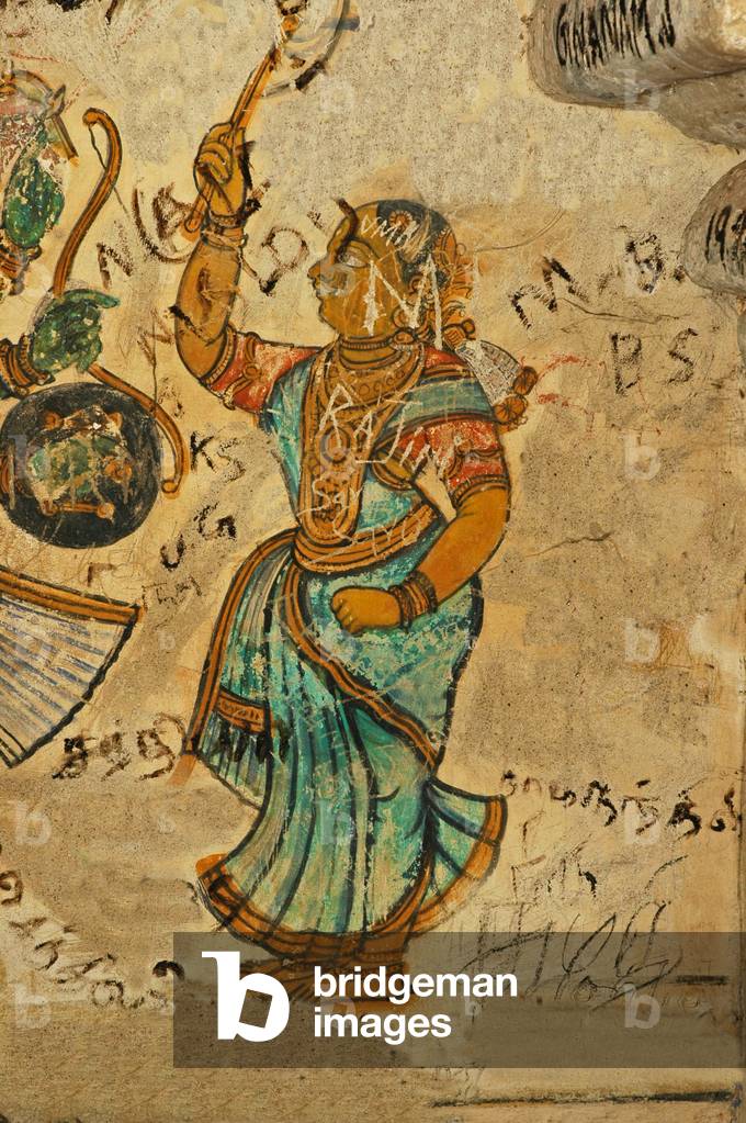 Inde, Tamil Nadu, Thanjavur (Tanjore) Brihadishwara Hindu Temple (1010 AD), peinture murale avec graffitti.